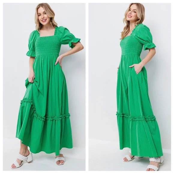 Boho Beautiful Linen Cotton Solid Smoking Detail Long Dress - Picture 1 of 5